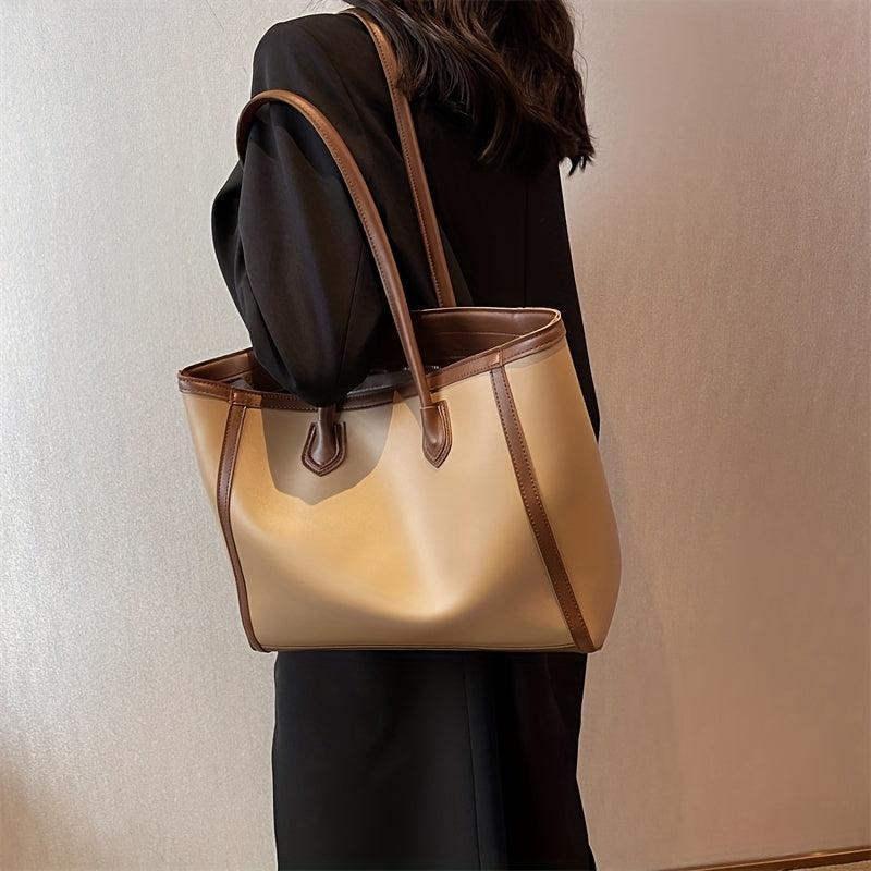 Two Tone Tote Bag Large Capacity Shoulder Bag Women's PU Leather Handbag
