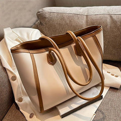 Two Tone Tote Bag Large Capacity Shoulder Bag Women's PU Leather Handbag