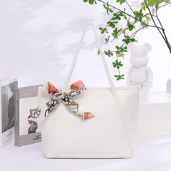 Large Capacity Shoulder Bag with Zipper & Ribbon Decor