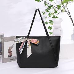 Large Capacity Shoulder Bag with Zipper & Ribbon Decor