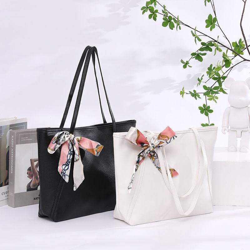 Large Capacity Shoulder Bag with Zipper & Ribbon Decor