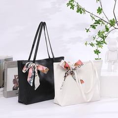 Large Capacity Shoulder Bag with Zipper & Ribbon Decor