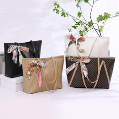 Large Capacity Shoulder Bag with Zipper & Ribbon Decor