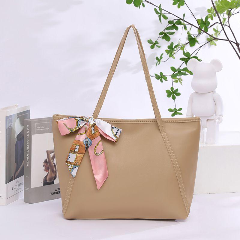 Large Capacity Shoulder Bag with Zipper & Ribbon Decor
