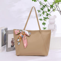 Large Capacity Shoulder Bag with Zipper & Ribbon Decor