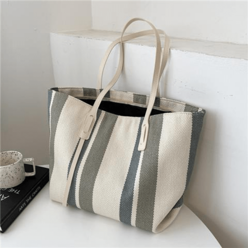 Striped Tote Bag Canvas Shoulder Handbag Large Capacity