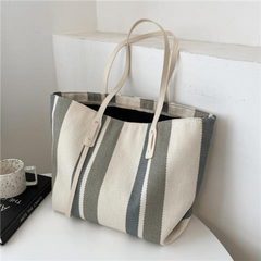 Striped Tote Bag Canvas Shoulder Handbag Large Capacity