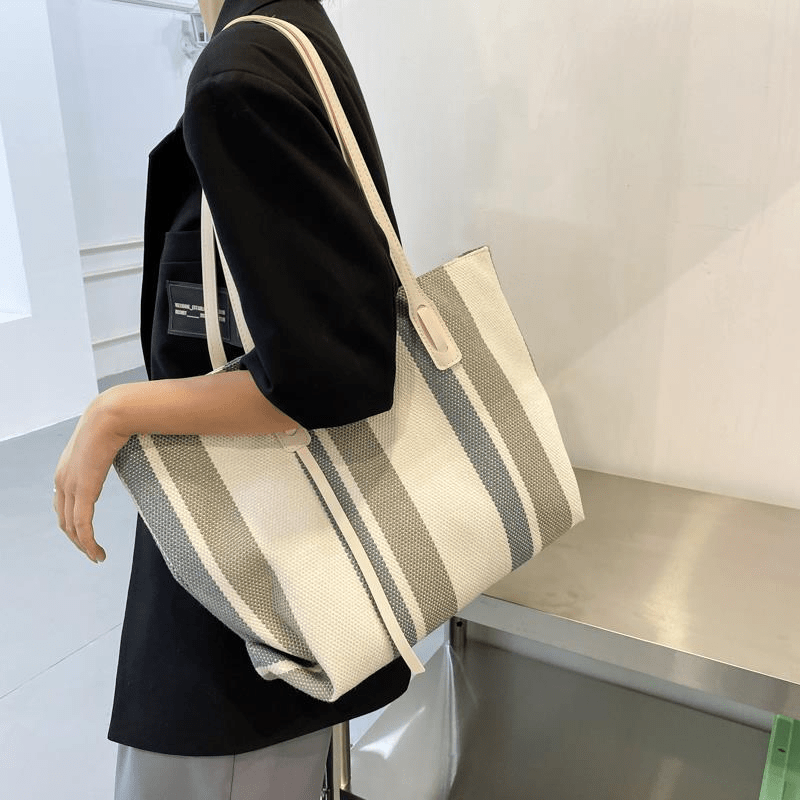 Striped Tote Bag Canvas Shoulder Handbag Large Capacity