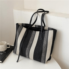 Striped Tote Bag Canvas Shoulder Handbag Large Capacity