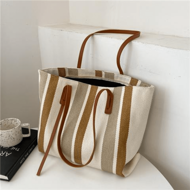 Striped Tote Bag Canvas Shoulder Handbag Large Capacity