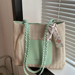 Colorblock Straw Tote Bag Woven Shoulder Bag Women's Travel Storage Bag