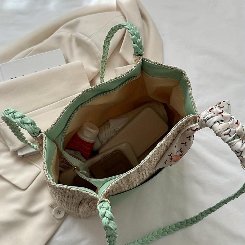 Colorblock Straw Tote Bag Woven Shoulder Bag Women's Travel Storage Bag