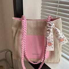 Colorblock Straw Tote Bag Woven Shoulder Bag Women's Travel Storage Bag