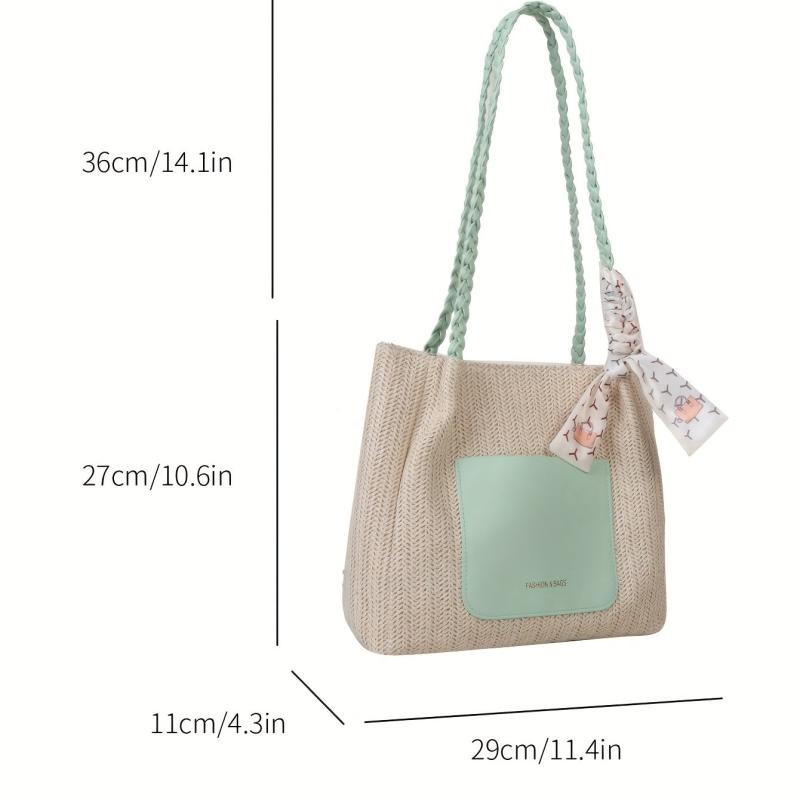 Colorblock Straw Tote Bag Woven Shoulder Bag Women's Travel Storage Bag