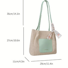 Colorblock Straw Tote Bag Woven Shoulder Bag Women's Travel Storage Bag