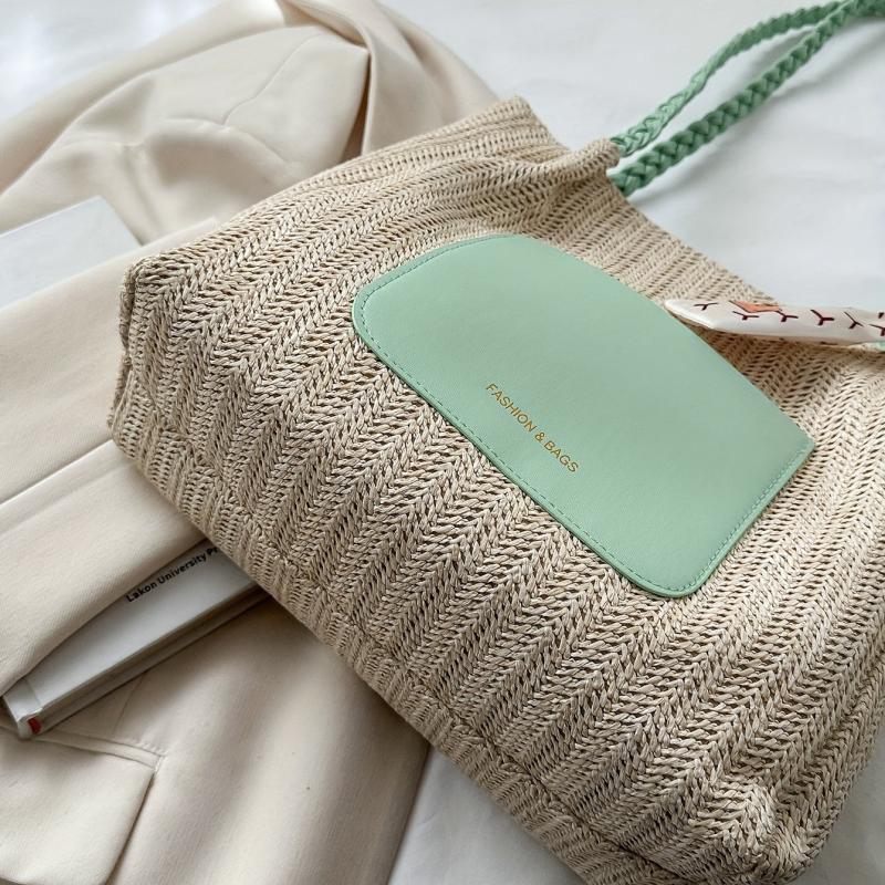 Colorblock Straw Tote Bag Woven Shoulder Bag Women's Travel Storage Bag