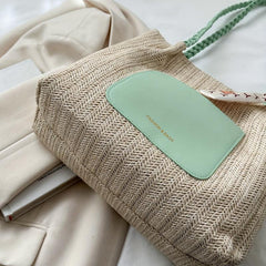 Colorblock Straw Tote Bag Woven Shoulder Bag Women's Travel Storage Bag