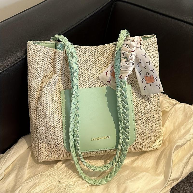 Colorblock Straw Tote Bag Woven Shoulder Bag Women's Travel Storage Bag