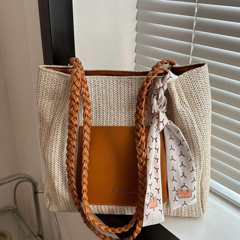 Colorblock Straw Tote Bag Woven Shoulder Bag Women's Travel Storage Bag