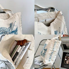 Vintage Flowers Print Canvas Bag Lightweight Shoulder Bag