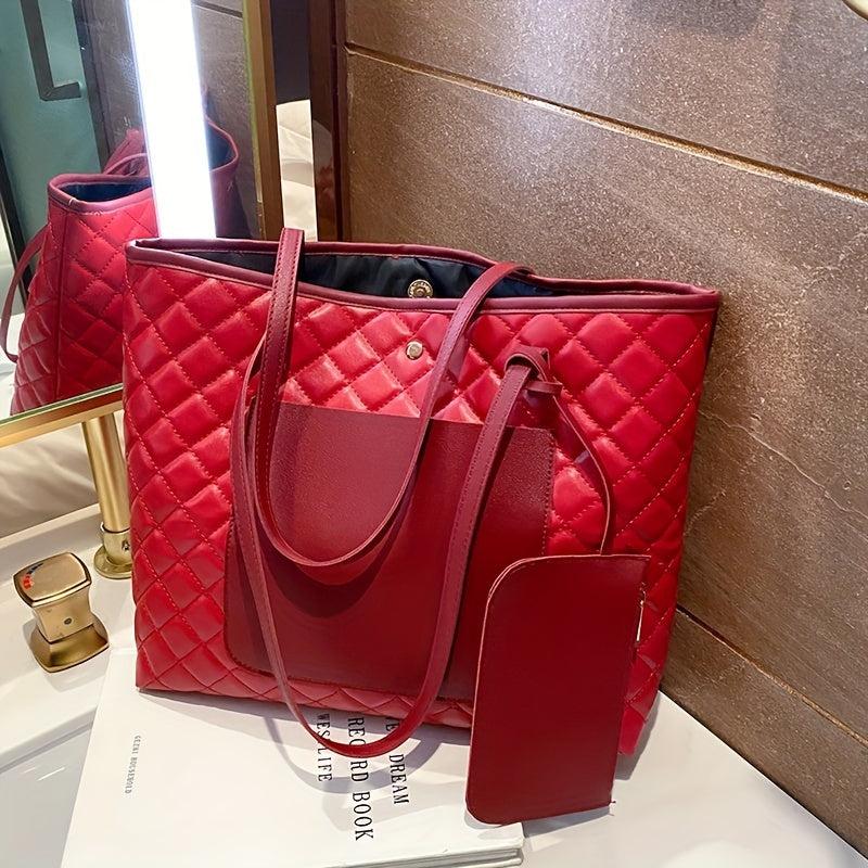 Argyle Quilted Tote Bag With Coin Purse Women's Large Capacity Handbags