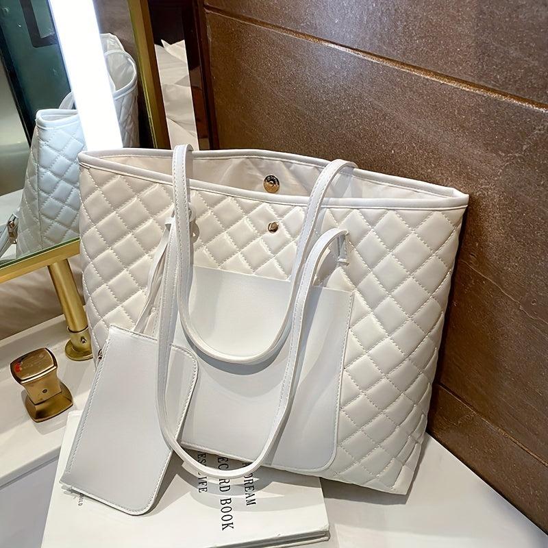 Argyle Quilted Tote Bag With Coin Purse Women's Large Capacity Handbags