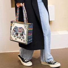 Mini Elephant Embroidered Bucket Bag Double Sided Pattern Canvas