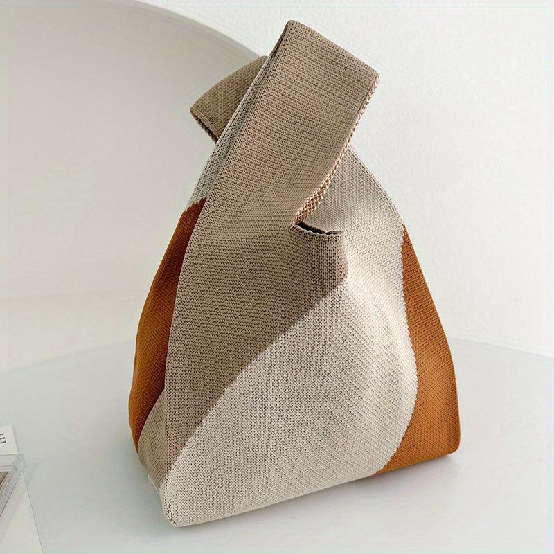Colorblock Literary Knitted Handbag Large Capacity Portable Tote Bag