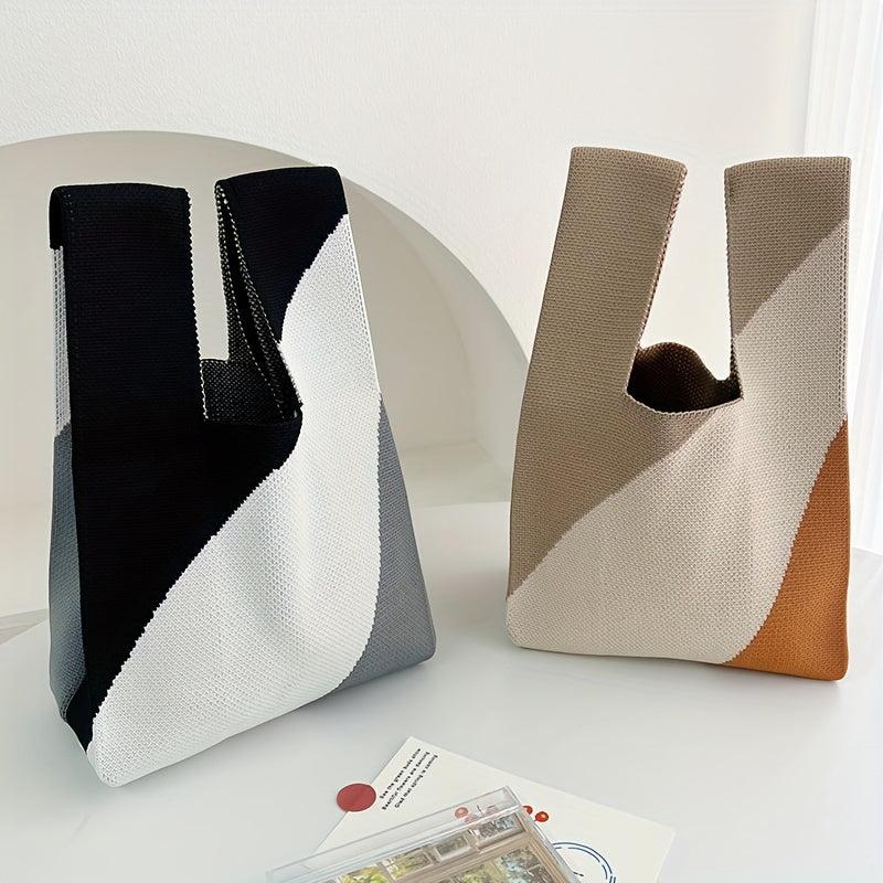 Colorblock Literary Knitted Handbag Large Capacity Portable Tote Bag