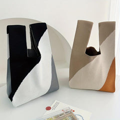 Colorblock Literary Knitted Handbag Large Capacity Portable Tote Bag