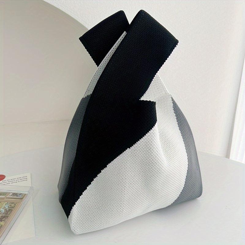 Colorblock Literary Knitted Handbag Large Capacity Portable Tote Bag