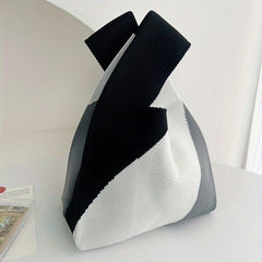 Colorblock Literary Knitted Handbag Large Capacity Portable Tote Bag