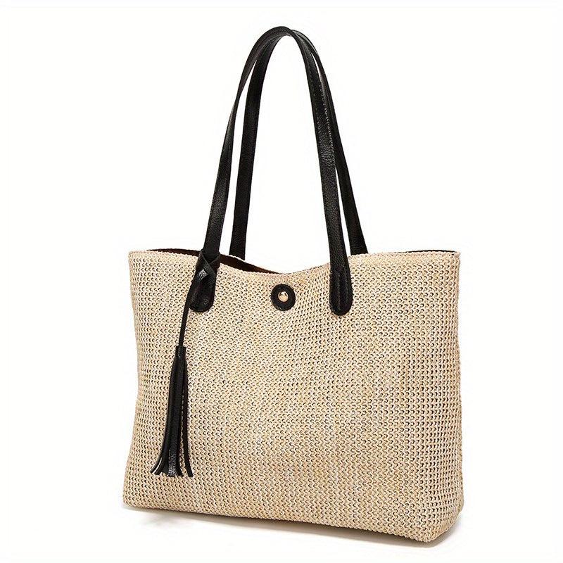Straw Braided Beach Bag Tassel Decor Shoulder Bag Boho Style Tote Travel