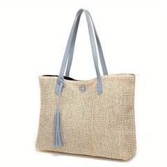 Straw Braided Beach Bag Tassel Decor Shoulder Bag Boho Style Tote Travel