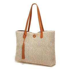 Straw Braided Beach Bag Tassel Decor Shoulder Bag Boho Style Tote Travel