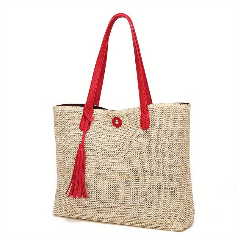 Straw Braided Beach Bag Tassel Decor Shoulder Bag Boho Style Tote Travel