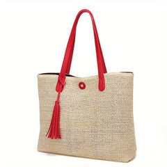 Straw Braided Beach Bag Tassel Decor Shoulder Bag Boho Style Tote Travel