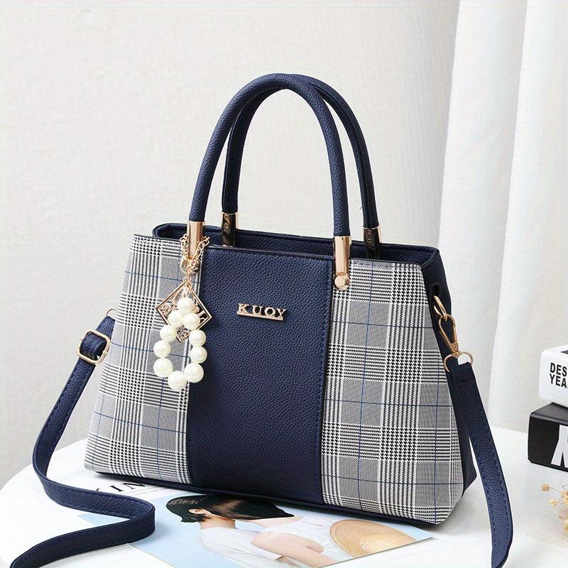 Colorblock Tote Bag Faux Pearl Decor Zipper Shoulder Bag