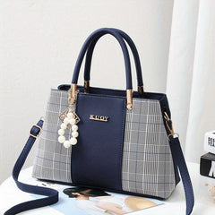 Colorblock Tote Bag Faux Pearl Decor Zipper Shoulder Bag