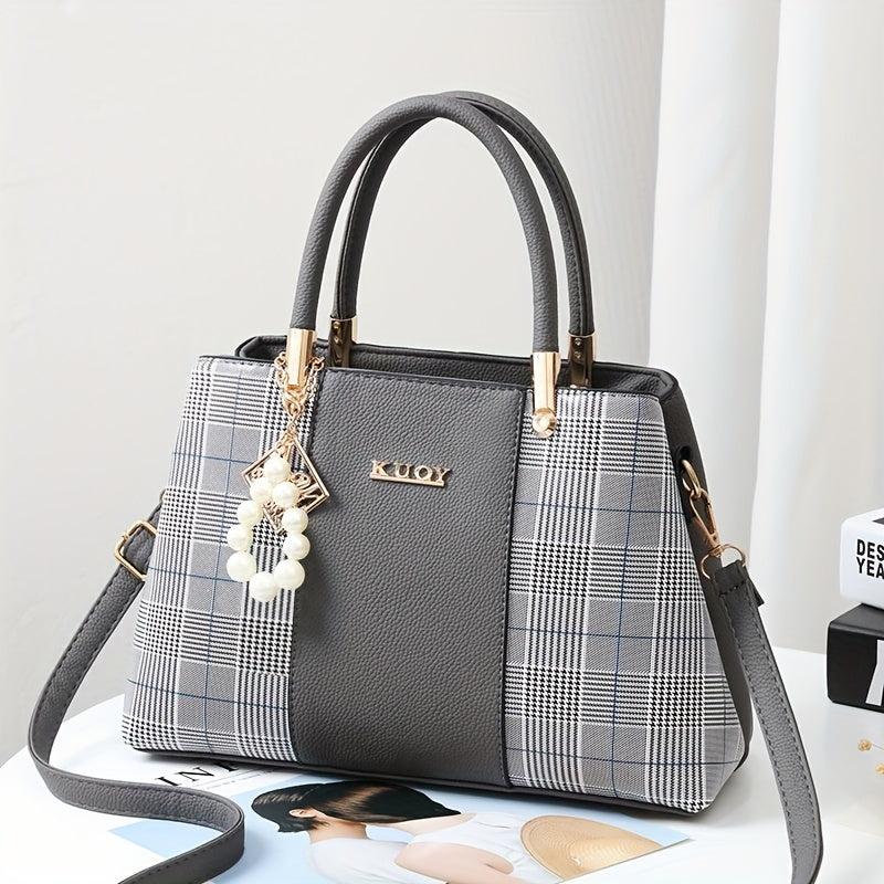 Colorblock Tote Bag Faux Pearl Decor Zipper Shoulder Bag