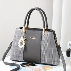 Colorblock Tote Bag Faux Pearl Decor Zipper Shoulder Bag