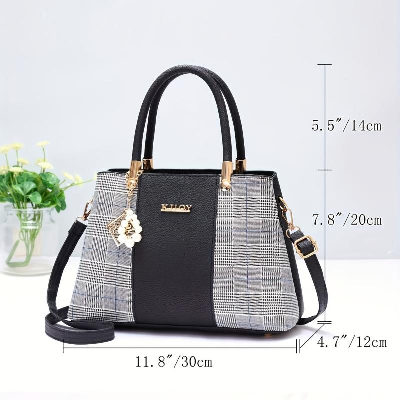 Colorblock Tote Bag Faux Pearl Decor Zipper Shoulder Bag