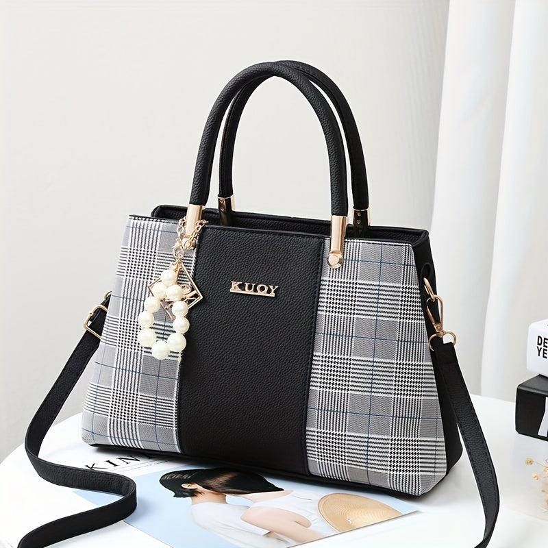 Colorblock Tote Bag Faux Pearl Decor Zipper Shoulder Bag