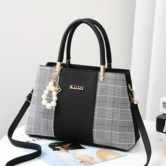 Colorblock Tote Bag Faux Pearl Decor Zipper Shoulder Bag
