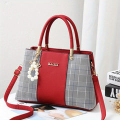 Colorblock Tote Bag Faux Pearl Decor Zipper Shoulder Bag