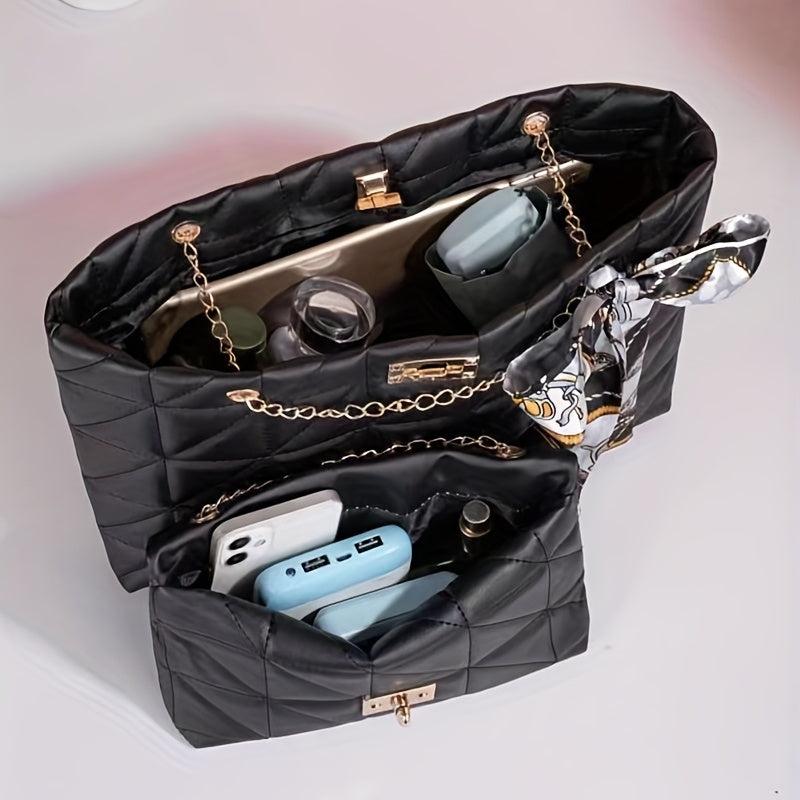Argyle Pattern Bag Set Quilted Tote & Chain Shoulder Bag With Scarf