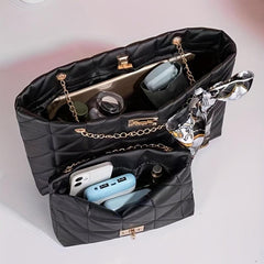 Argyle Pattern Bag Set Quilted Tote & Chain Shoulder Bag With Scarf