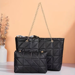 Argyle Pattern Bag Set Quilted Tote & Chain Shoulder Bag With Scarf