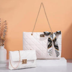 Argyle Pattern Bag Set Quilted Tote & Chain Shoulder Bag With Scarf