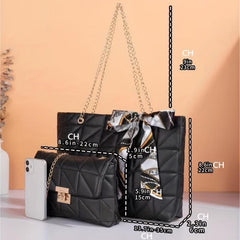 Argyle Pattern Bag Set Quilted Tote & Chain Shoulder Bag With Scarf